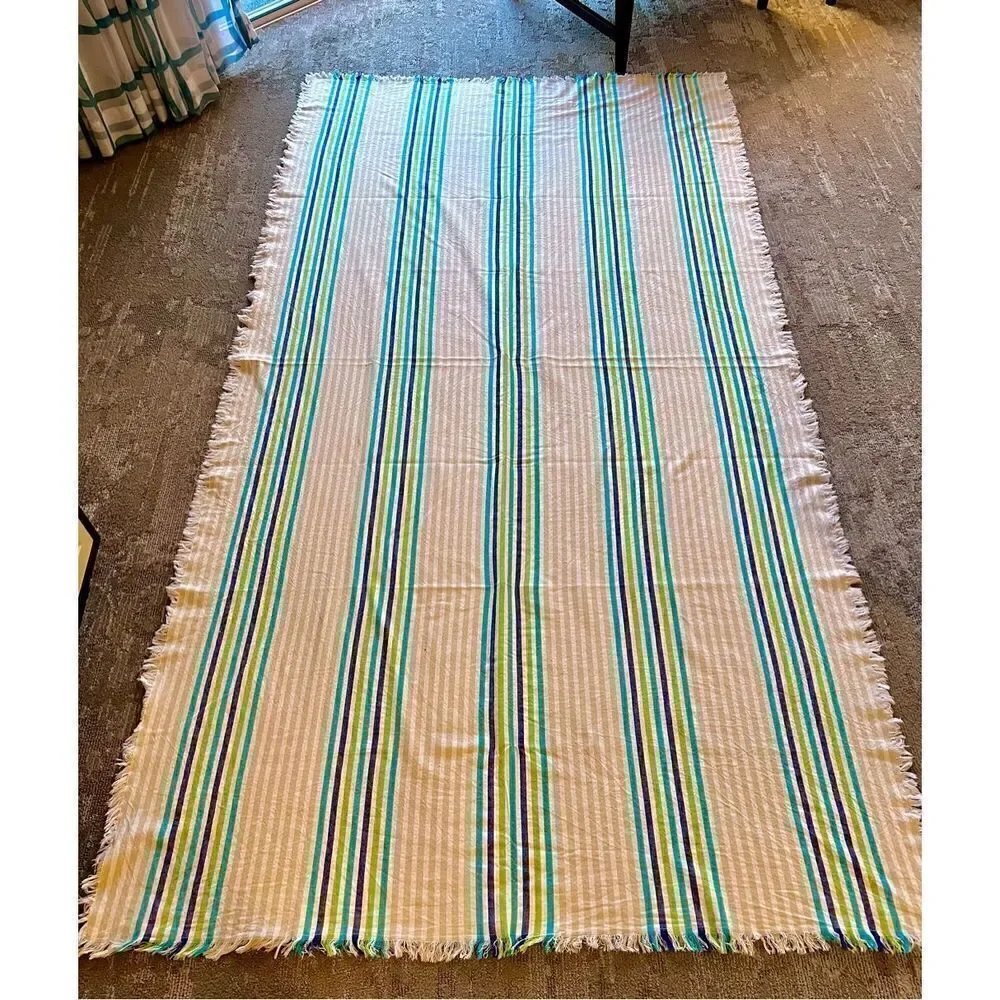 Max Studio Home Tablecloth Blue/Aqua/Green Striped Fringed 54 X 104 100% Cotton